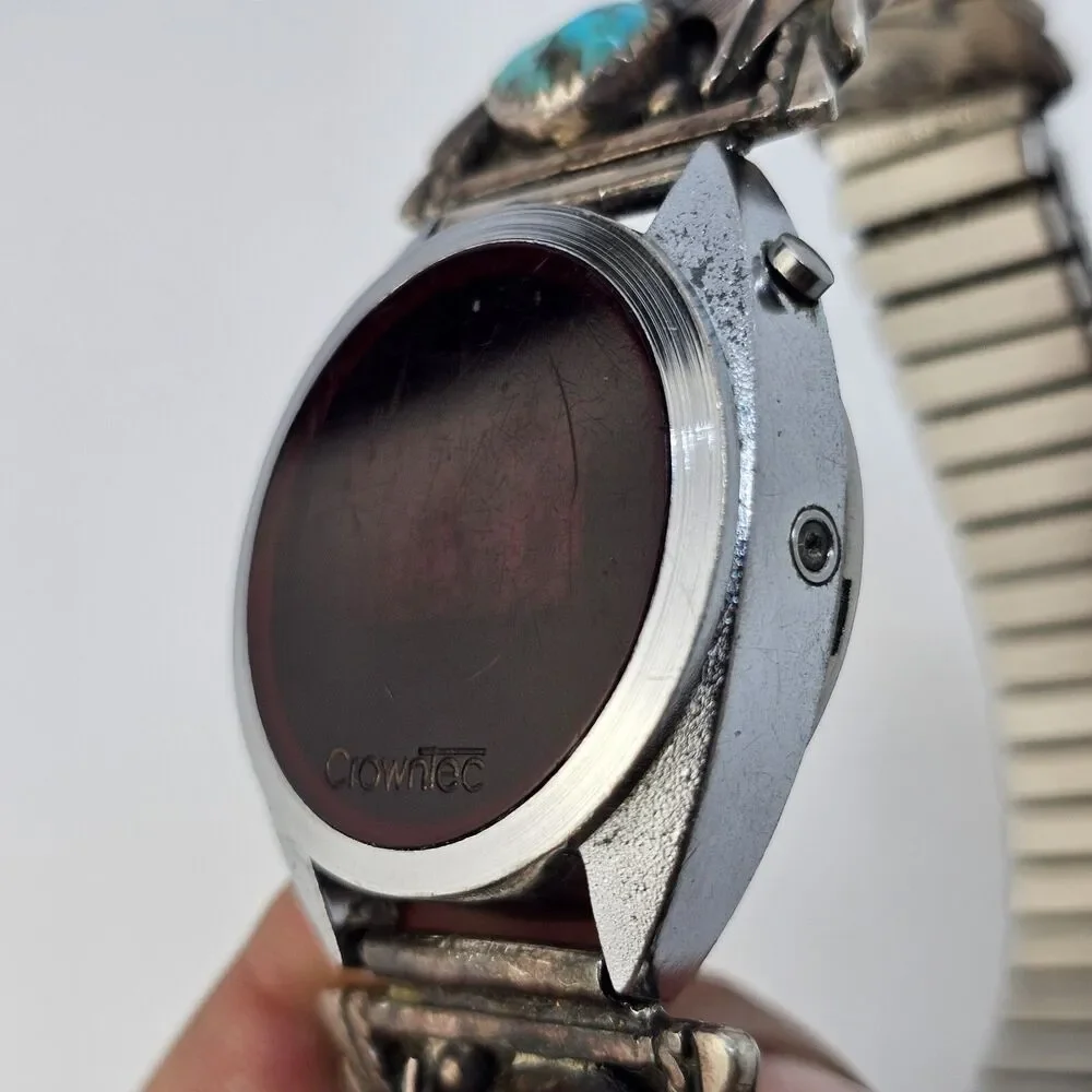 VTG Navajo Sterling Silver Flower Coral Turquoise Band‎ CrownTec Digital Watch